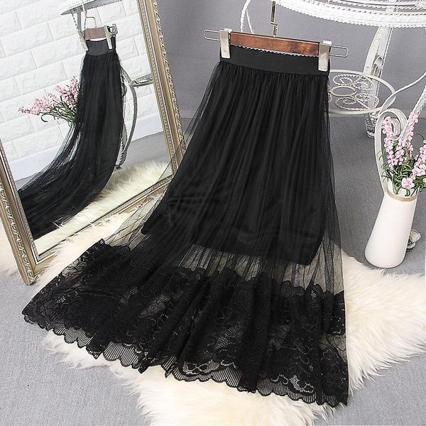 

skirts large size summer a line skirt women lace girl high waist slim long young female falda, Black