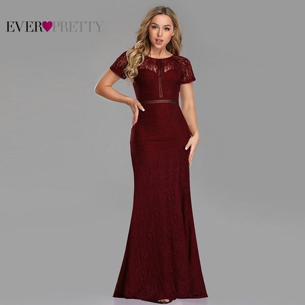 

Ever Pretty Evening Dresses Long 2021 Sexy Little Mermaid Full Lace Short Sleeve See Through Special Occasion Gowns EZ07752, Burgundy