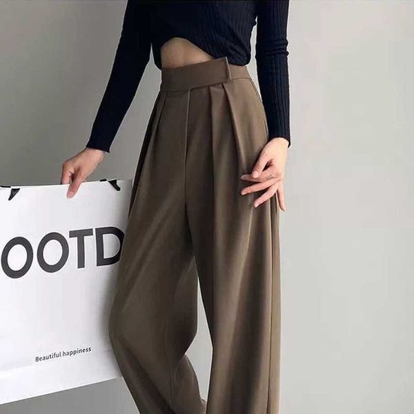 

houzhou brown wide leg women's classic suit pants vintage palazzo office elegant casual balck trousers female high wasit pants 211006, Black;white
