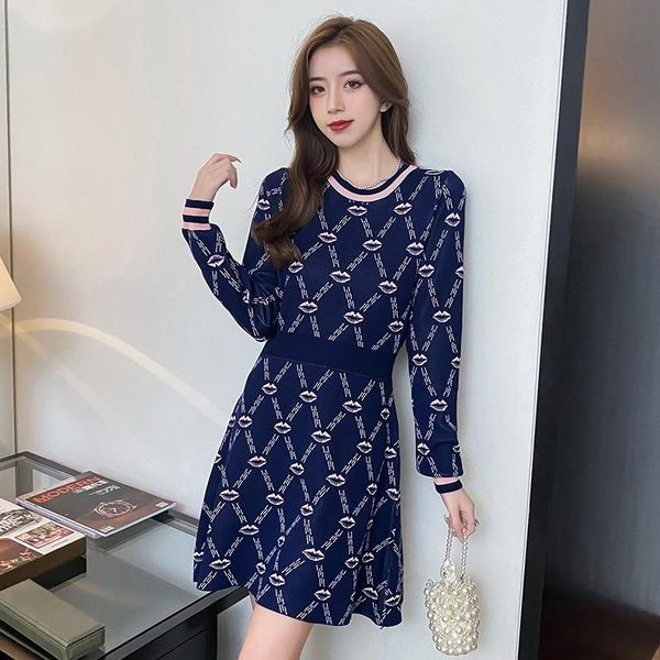 

casual dresses 2021 fashion autumn women temperament lip shape pattern knitted dress female o-neck long sleeve sweater lattice mini, Black;gray