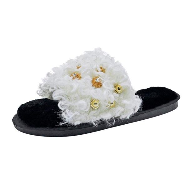 

slippers summer women home open toe cross fur slides female furry indoor flip flops casual beach sandals fluffy plush shoes, Black
