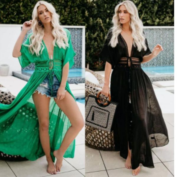 

women's swimwear women beachdress ladies bikini cover up cardigan plage hollow out short sleeve deep v-neck elegant clothing, White;black
