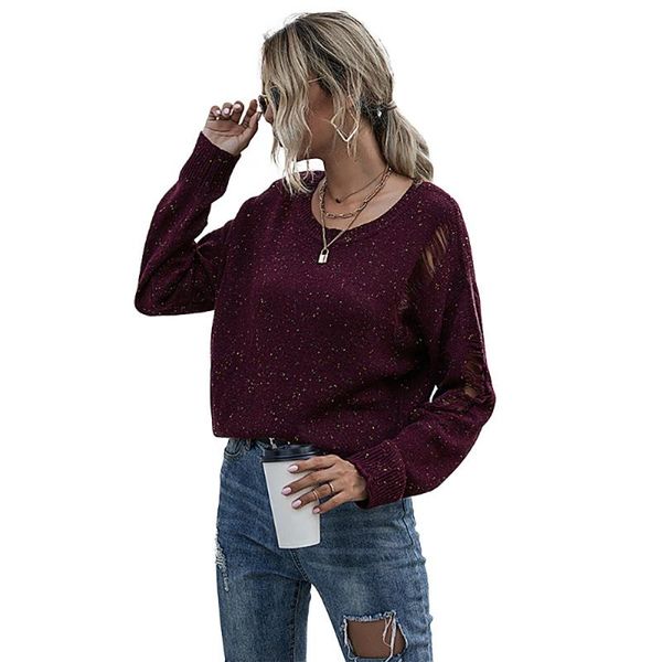 

women's sweaters european and american autumn winter long-sleeved hollow knit solid color round neck sweater women, White;black