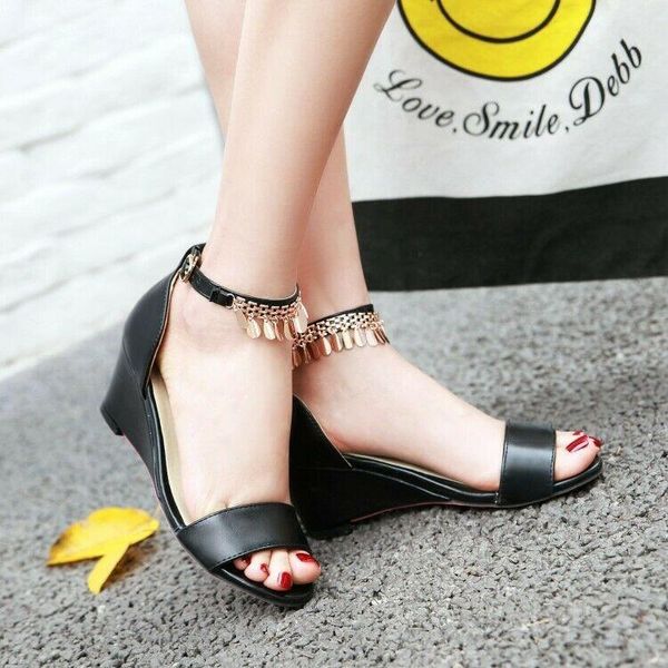 

summer women open toe wedge heels ankle strap elegant causal sandals shoes, Black