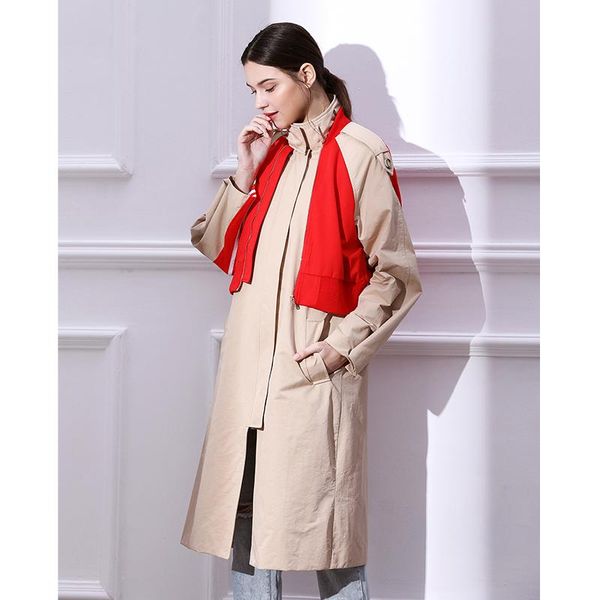 

women's trench coats wqjgr spring autumn coat women long sleeve spliced zipper windbreaker femme, Tan;black