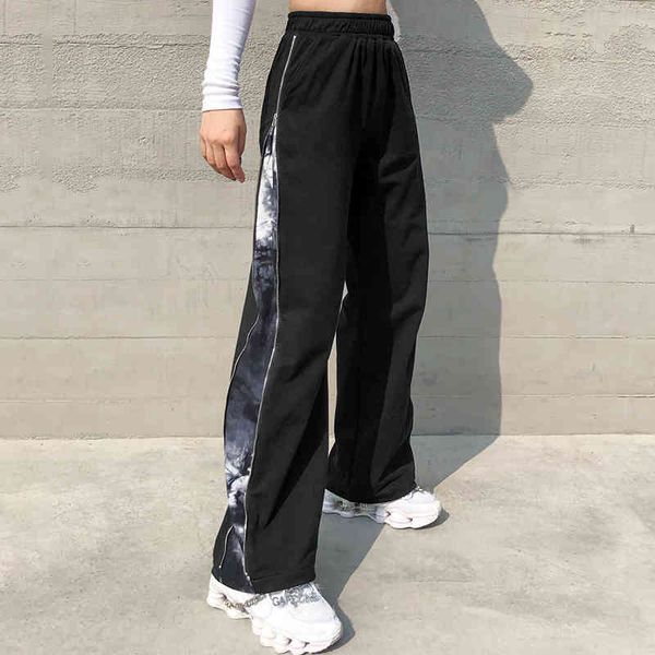 Calças femininas Streetwear Alto cintura larga perna patchwork vintage feminino primavera outono longo calças soltas 210524