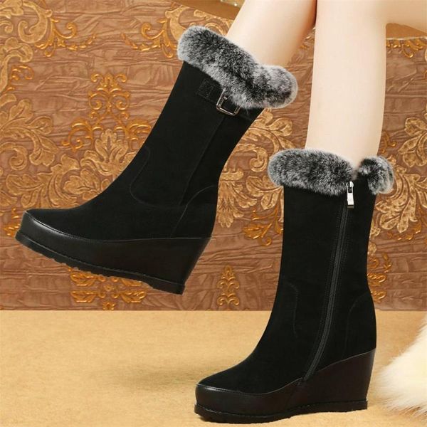 

boots winter fashion sneakers women genuine leather wedges high heel motorcycle female warm fur casual shoes, Black