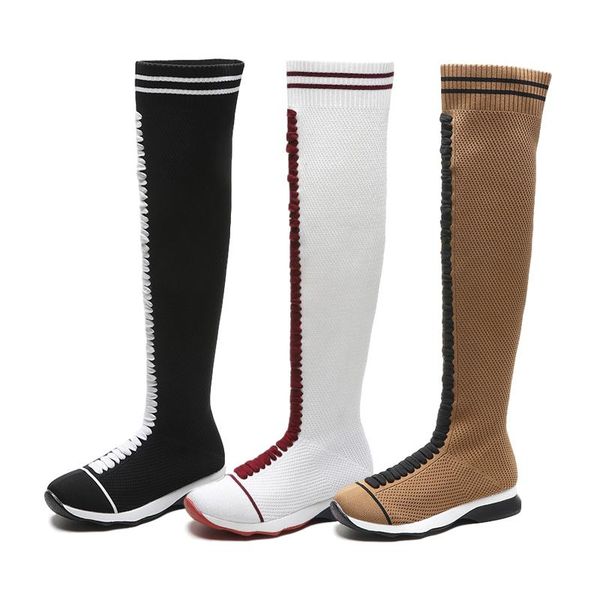 

boots fashion over knee women 2021 autumn sock boot woman mid heel casual keep warm large size overknee mesh shoes female, Black