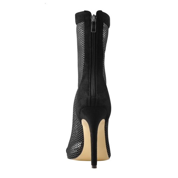 

boots women's peep black mesh lace up cut out open toe mid calf back zipper stiletto heel sandals