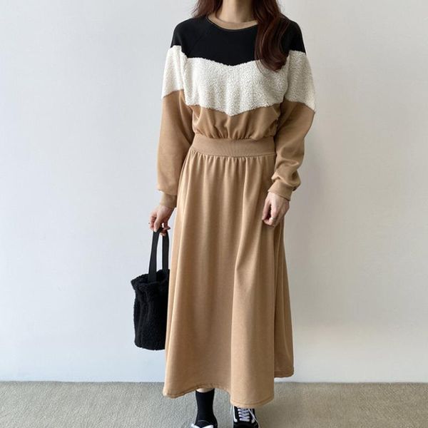 

casual dresses [ewq] 2021 winter female loose round neck patchwork panelled long sleeve lamb fur sweatshirt dress khaki 8d713, Black;gray