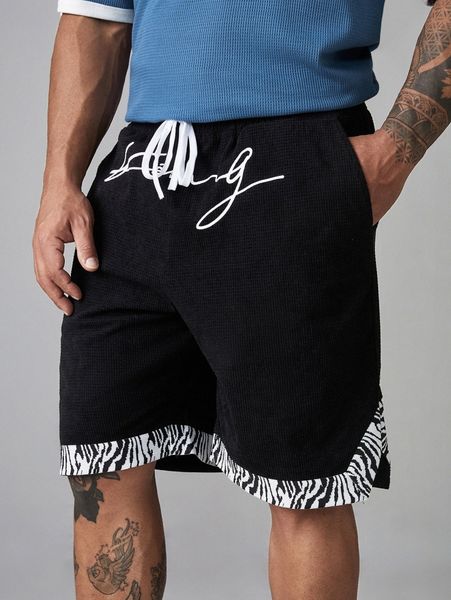 

extended sizes men letter & zebra striped shorts d5u1#, Black