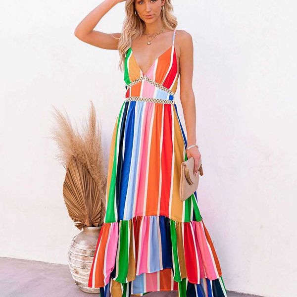 

casual dresses deep v neck backless striped maxi woman dress 2021 summer party rainbow spaghetti strap long for women robe fe, Black;gray