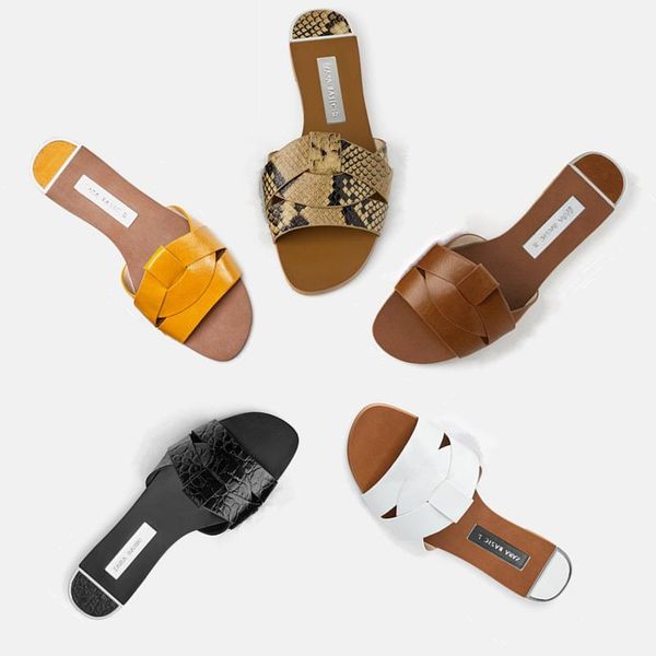 

slippers women sandals 2021 summer brown cross leather flat with for beach holiday night, Black