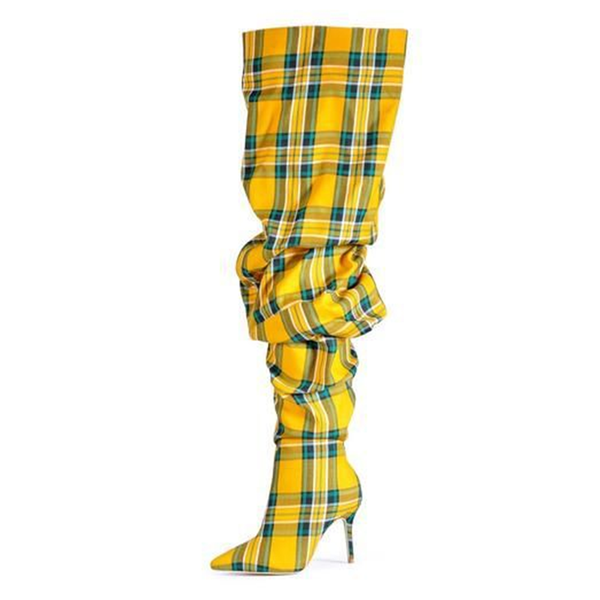 

boots big size 44 plaid print side half-zip over knee high pile of for women stiletto ladies pointed toe thigh long booties, Black