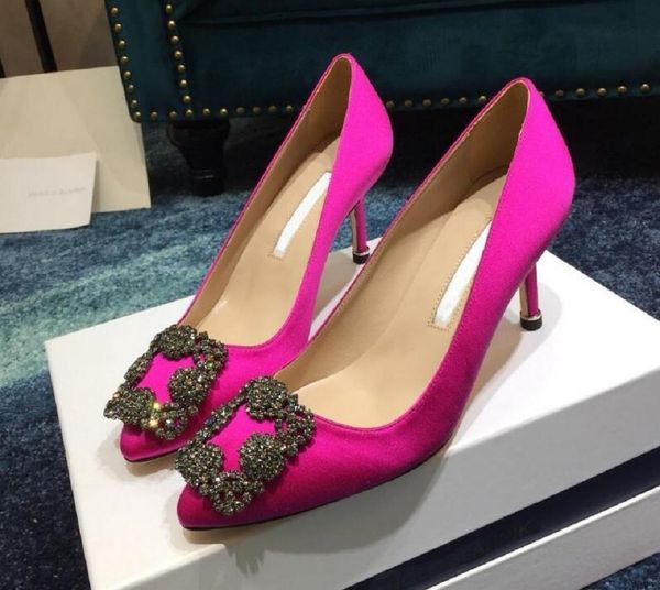 

pointed toe sandals square crystal buckle silk high heels flat quality designer party wedding shoes rhinestone bride women ladies sandal dre, Black