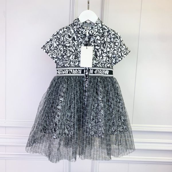 

girls short sleeve children's mesh stitched dress brand gray color designer summer girl dressing size 100-150, Red;yellow