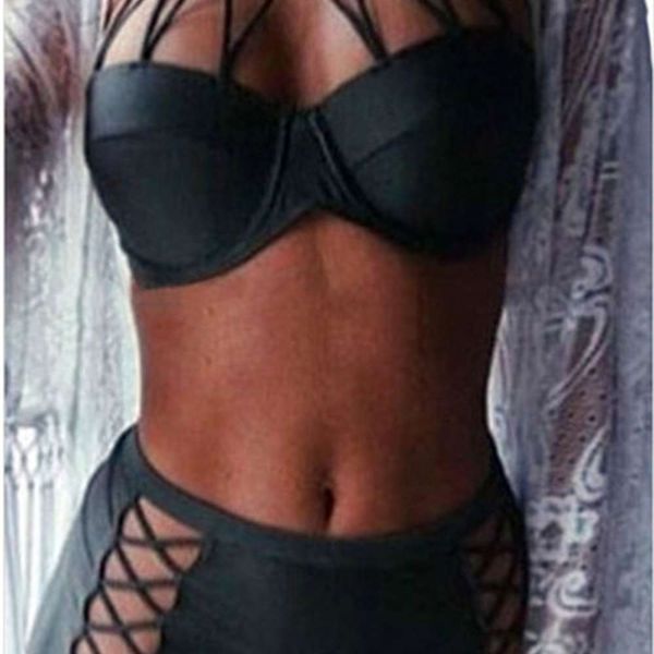 

style solid multi band cross split swimsuit high waist bikini, White;black