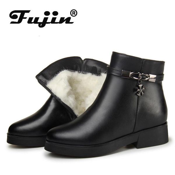 

boots fujin wool women snow genuine leather warm flat bottom platform for fur shoes ankle plush winter, Black