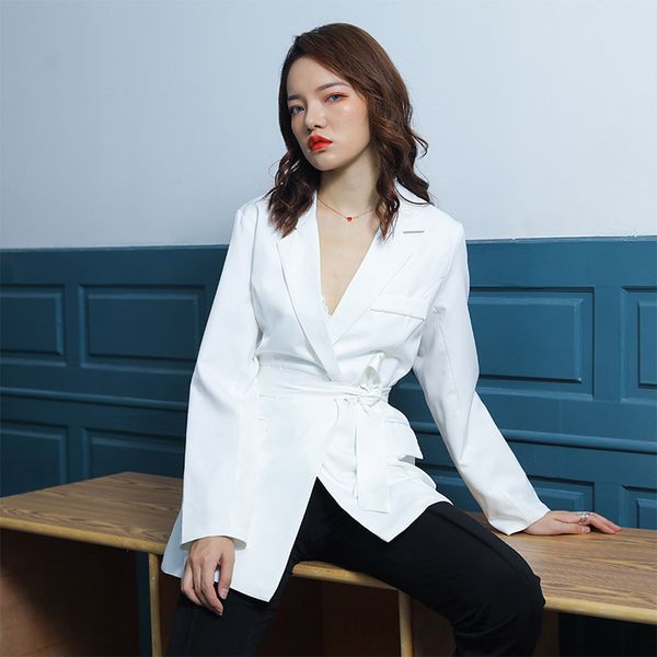 Koreanische dünne elegante Karriere-Frauen-Kleid-Blazer-Schwarz-weißer Gürtel weibliches Büro Frühlings-Sommer-Büro-Dame-Blazer auf Lager 210518