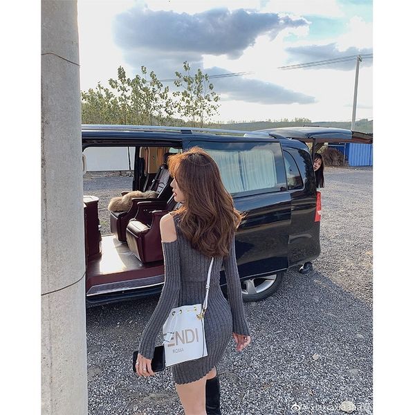 

casual dresses autumn jersey sweater dress knitted off shoulder bodycon elegant slim fashion l8qf, Black;gray