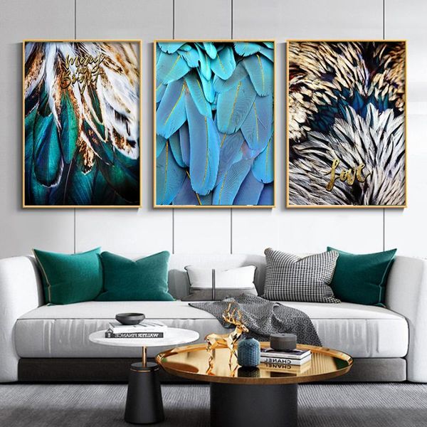 

paintings blue gold abstract painting feather art canvas poster and prints modern fashion pictures for living room bedroom home decor