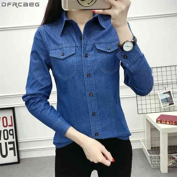 

long sleeve blouse femme plus size denim shirt women pockets blue basic ladies cotton camisa jeans feminina vintage blusa
