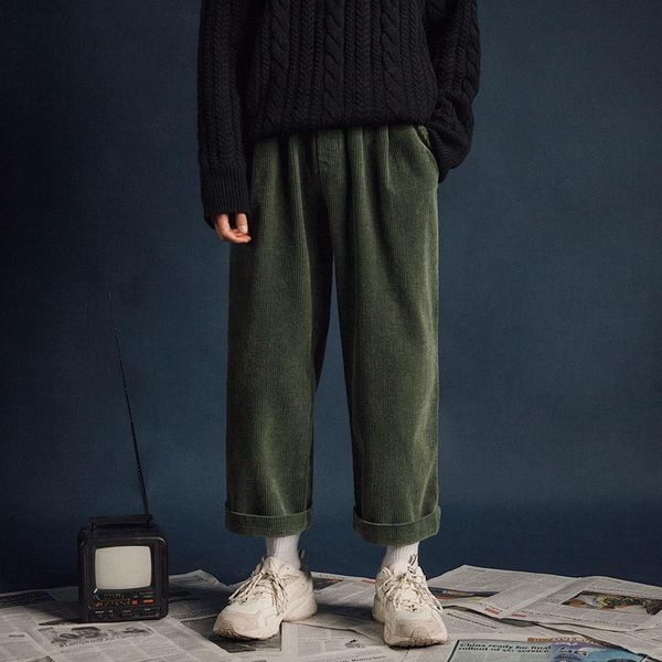 

men's pants autumn winter cotton corduroy men fashion retro wide-leg streetwear loose hip-hop straight mens trousers, Black
