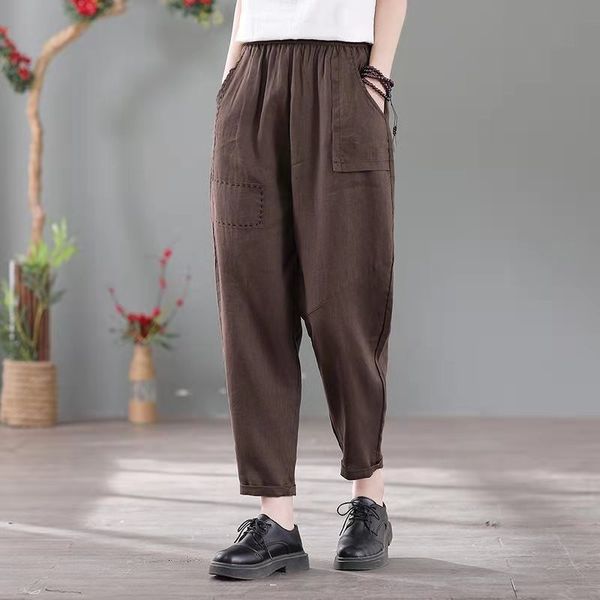

capris 2021 arrival will see casual loose female-style elastic waistline harem all-combined cotton linen ankle-length pants w159, Black;white