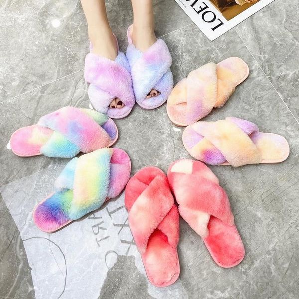 

multi color comfortable non slip indoor ladies furry slippers 2021 autumn winter house women fur, Black