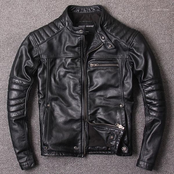 

autumn short stand collar slim leather jacket men's locomotive coat layer & faux, Black