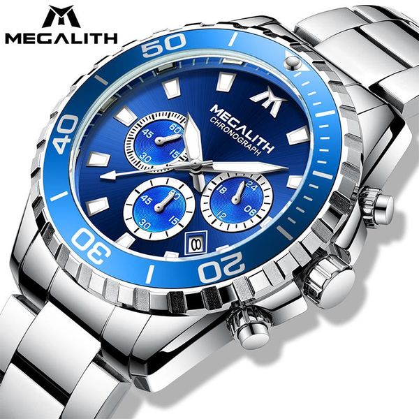 

wristwatches megalith watch men military sport chronograph analog watches waterproof silver blue steel quartz man clock relogio masculino, Slivery;brown