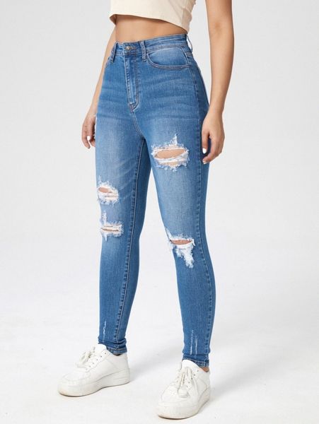 

high waisted ripped skinny jeans k37z#, Blue