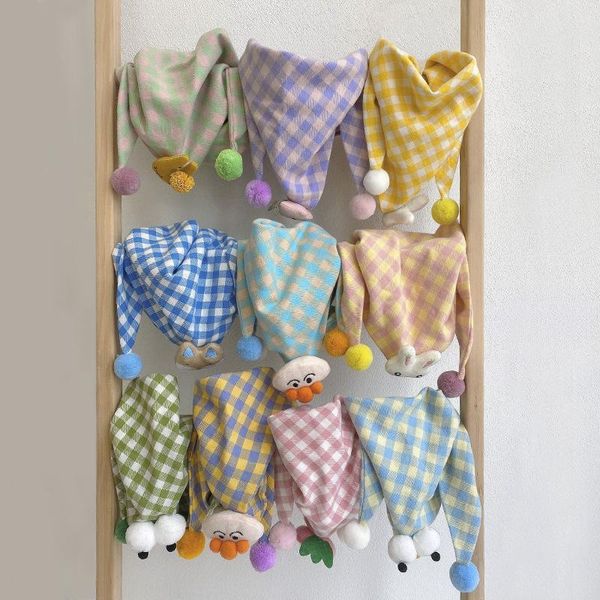 

scarves children's scarf korean version of cotton and linen plaid triangle autumn wild men women baby cute small bib, Blue;gray