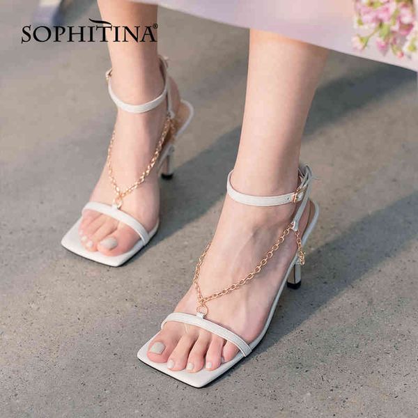 

sophitina summer fashion sandals lady elegant stiletto open-toe buckle shoes square toe narrow band chain women shoes ao609 210513, Black