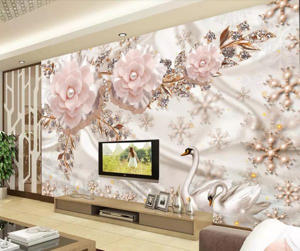 

Custom wallpaper 3d stereo photo mural luxury European swan jewelry flower TV background wall papers home decor mural, Pink