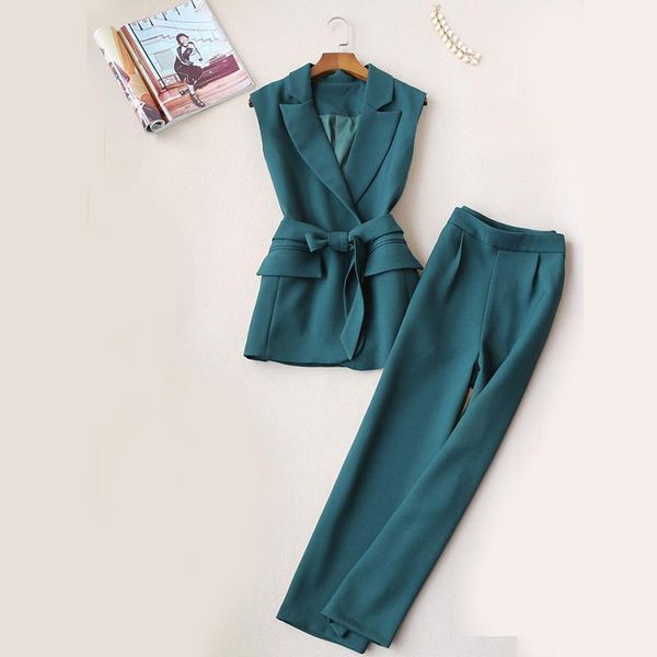 

women's two piece pants office ladies sashes wrap waist suit vest + ankle-length spring autumn set, White
