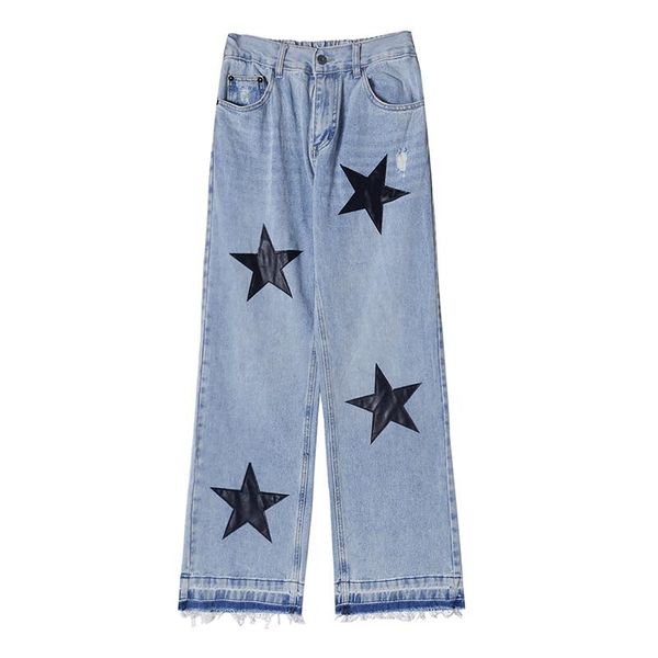 

men's jeans hole five stars embroidery washed retro male hip hop harajuku loose straight oversize casual denim trousers couple 2021, Blue