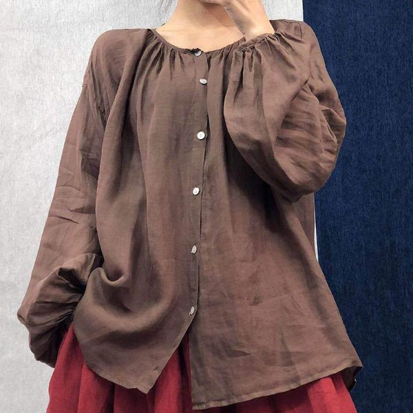 

women's blouses & shirts qpfjqd ladies loose solid color simple thin linen o neck women autumn summer long sleeve shirt and blouse 202, White