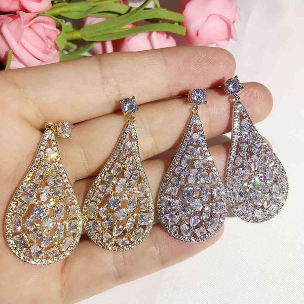

luxury boho style gold color cubic zirconia long big statement dangle drop earrings for women, Silver