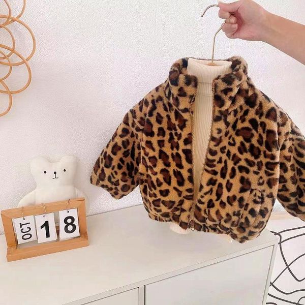 

jackets winter warm children girls leopard print lapel collar thicken fleece zipper overcoats kids outerwear coats casaco, Blue;gray