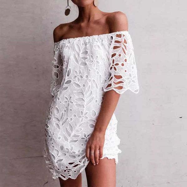 

zanzea fashion summer lace crochet dress women off shoulder short sleeve party white sundress boat neck hollow out vestido p0809, Black;gray
