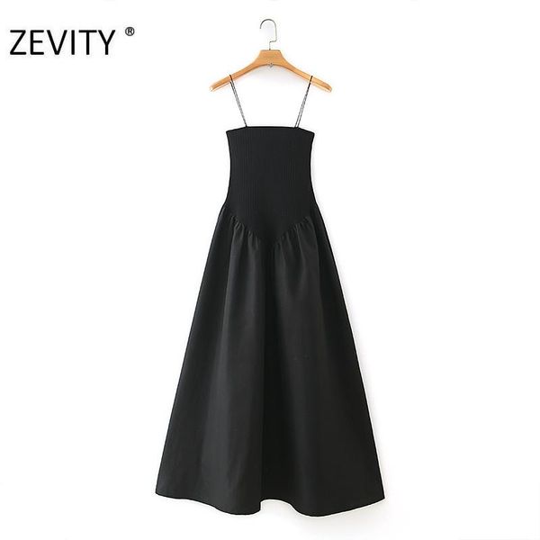 

zevity women spaghetti strap vestido elastic patchwork balck dress chic female pleat casual slim party sling dresses ds4391, Black;gray