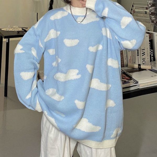 

autumn winter kawaii fashion clouds print female sweater long, White;black
