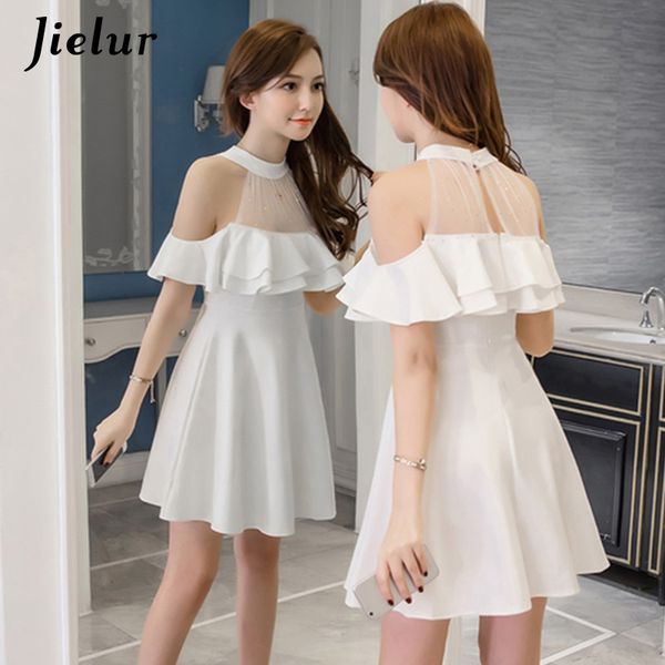 

jielur elegant lace off shoulder women dress summer korean hipster black white party slim ruffles a line dress vestidos, Black;gray