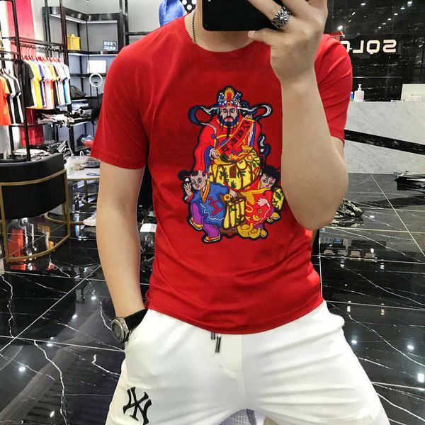 

w0001 new god of wealth cotton t-shirt men's slim fit short sleeve summer embroidered god of wealth design trend, White;black