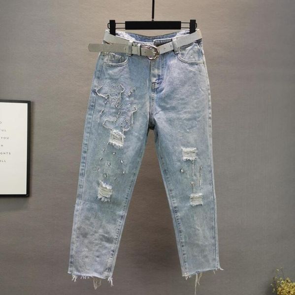 

women's jeans spring/summer 2021 heavy industry rhinestone tassel loose hole straight nine pants, Blue