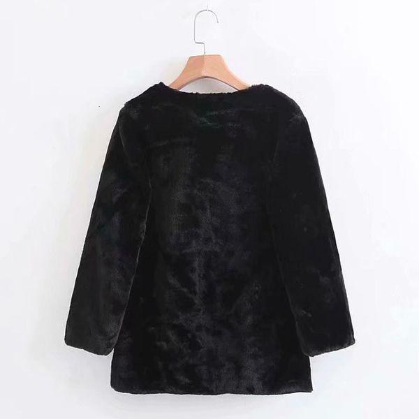 

wool winter warm loose round neck long sleeves faux fur jacket coat women's vintage temperament leisure black chic female