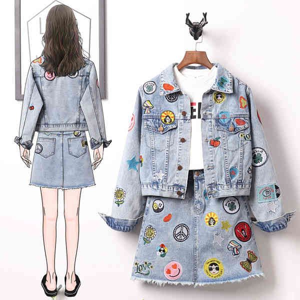 

two piece dress new large size embroidery epaulet denim jacket coat + mini jean skirt outfits fashion women suit office set s-5xl, White