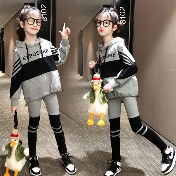 

Girls Clothes New Childrens Suit Autumn Childrens Sports Loose T-shirt+pants Two-piece Set Hooded Kids Clothes 6 8 9 11 12 13, Black
