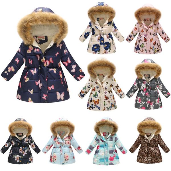 

down coat thicken winter girls jackets fashion floral printed hooded outerwear for kids velvet warm coats christmas present, Blue;gray